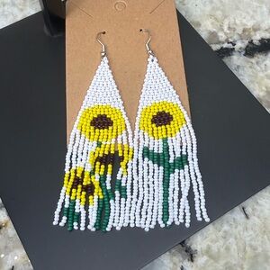 White & Yellow Beaded Sunflower Fringe Earrings